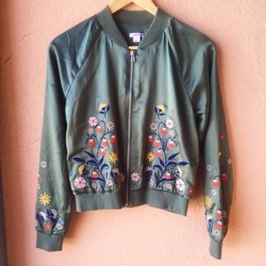 Xhilaration Embroidered Floral Satin Bomber Jacket